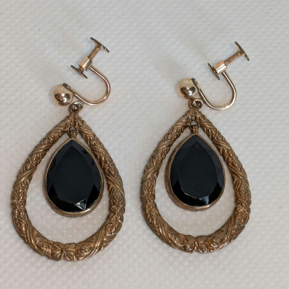 Stephen Dweck Black Onyx Etched Bronze Gold Teardrop Dangle Clip GF Earrings - Picture 5 of 7